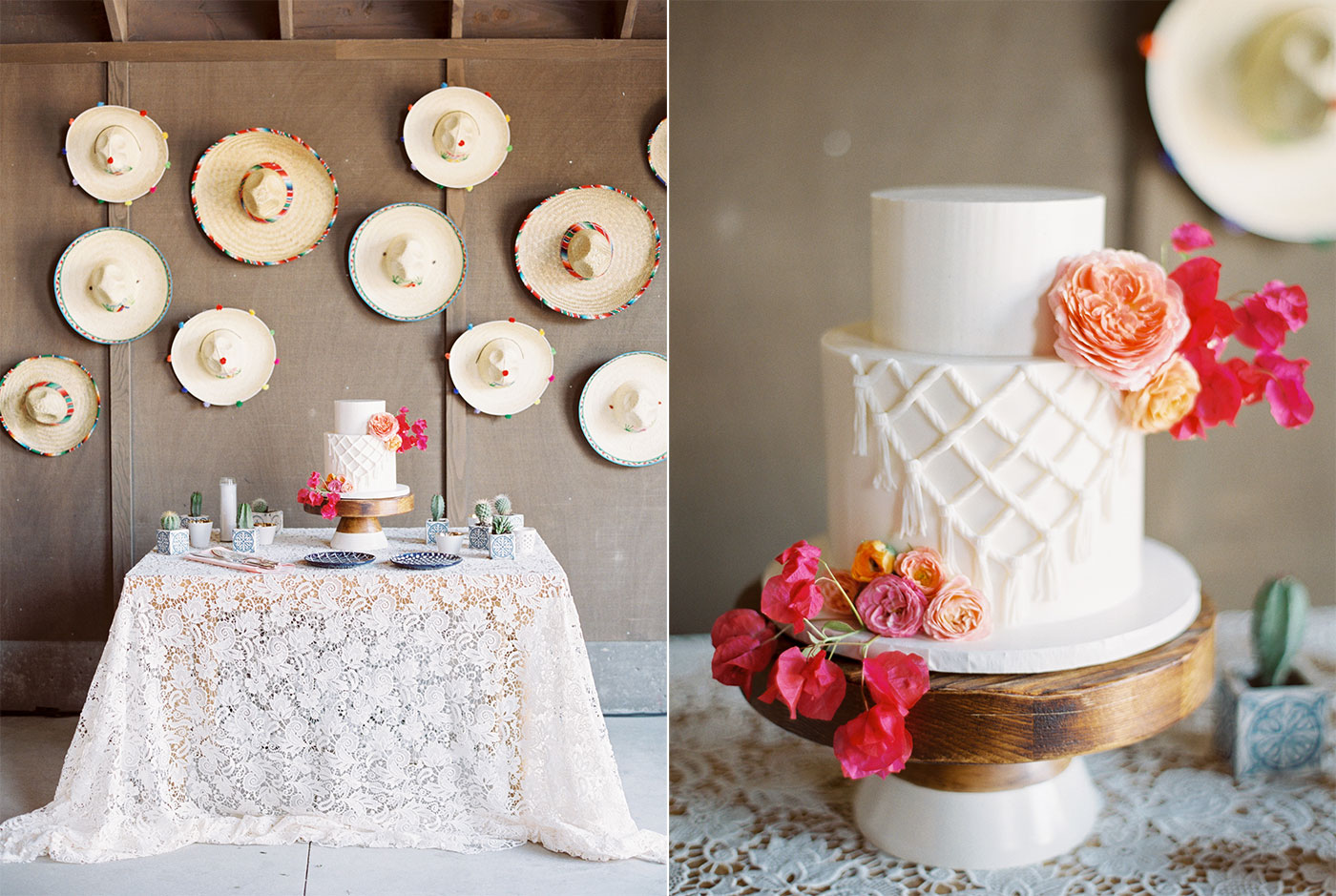 Colorful Chic Mexico Wedding Macrame Wedding Cake with Garden Roses & Boganveillea by Paper Cake Events